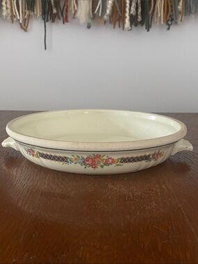 Antique crock small dish with floral pattern beige with blue bouquet pattern
